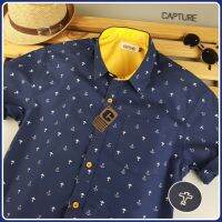 Capture Shirt เสื้อเชิ้ตผู้ชาย แขนสั้น คอปก oxford ลายเครื่องบิน สีกรม มีถึงอก 48 นิ้ว