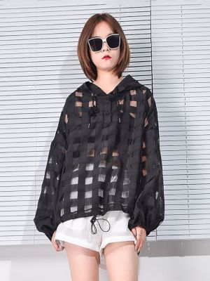 XITAO Sweatshirt Solid Color  Full Sleeve Women Perspective Grid Top