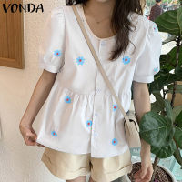 (จัดส่งฟรี)Fancystyle VONDA เสื้อแขนพองแฟชั่นสำหรับผู้หญิงลำลองเสื้อยืดคอกลมบานเสื้อพิมพ์ลายเสื้อมีกระดุมอเนกประสงค์