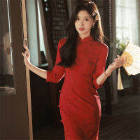 2022สีแดงด้านแปดปุ่มลูกไม้ Cheongsam ที่จัดเลี้ยงหมั้นขนมปังชุดที่ดีขึ้นชุด Cheongsam