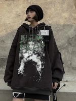 Deeptown Gothic Black Letter Printing Sweatshirt Women Women Punk Hippie Emo Chain O-neck Oversize Hoodie Female Mall Goth Tops