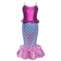 Christmas The Little Mermaid Ariel Costume Sleeveless Sling Glossy Ruffle Hairband Princess Dress