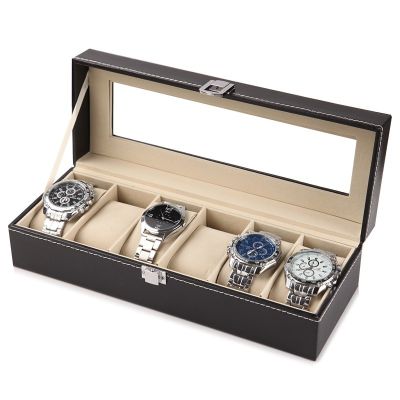 กล่องเก็บนาฬิกาข้อมือแสดงผลแบบฝาพับกล่องนาฬิกาหนังเทียมสีดำ6บิต