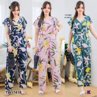 [ส่งไว!] M17418  Jumpsuit #สาวอวบ จั้มสูทคอวี แต่งระบาย จั้มเอว ขายาว ทรงกระบอก เนื้อผ้า 100D พิมพ์ลาย ทรงสวย ใส่สบาย มีติดตู้ หยิบชุดเดียวจบค๊าา