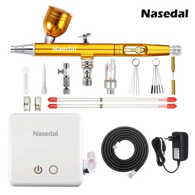 Nasedal Gold Dual-Action Airbrush Compressor Kit 0.3mm Airbrush Spray Gun for Nail Airbrush Model Cake Car Fish Shoes Painting