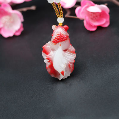 ธรรมชาติสีแดงสีขาวหยกปลาทองจี้สร้อยคอจีนมือแกะสลัก Jadeite Charm เครื่องประดับแฟชั่น Amulet ผู้ชายผู้หญิง ของขวัญ