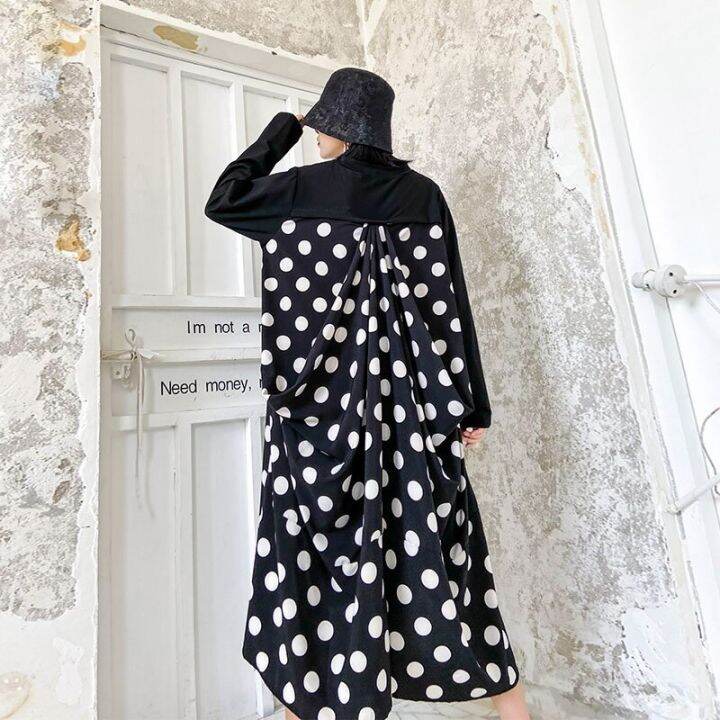 xitao-dress-black-long-sleeve-dot-irregular-patchwork-dress