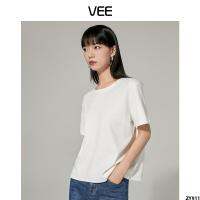 [ ไหล่คอกลมสีขาวสุดพิเศษของ Xiaofang T เสื้อ VEE สั้นสลิมฟิตครีมผู้หญิงผ้าฝ้ายแขนสั้น ] วิดีโอ T