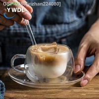 ☍ความวุ่นวาย Yizhan224080 Copo De Café Vidro Dupla Com Pires E Colher Conjunto Copos Expresso Resistentes Ao Caleca Caneca Copos Chávena 150มล. 250มล.