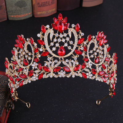 Amart คริสตัลสีแดง Baroque งานแต่งงาน Tiara มงกุฎเจ้าสาวสำหรับงานแต่งงานเจ้าสาว Gold Rhinestone Crowns Headband เครื่องประดับ