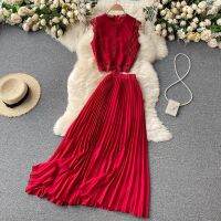 COD DSFERTGERRYYY Chiffon Two-piece Beach Style Holiday Suit Female 2021 New Lace O-neck Sleeveless Short Top High-waist Slim-fit Pleated A-line Skirt Two-piece