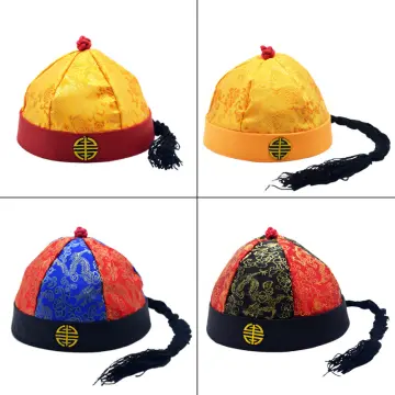 Ancient Chinese Royal Emperor Hat With Ponytail Embroidered Brocade