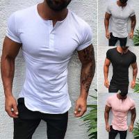 Men Summer Fitness Shirt Short Sleeves O Neck Button Top Solid Color Sport Bodybuilding T-shirt Undershirt Gym Casual Sportswear