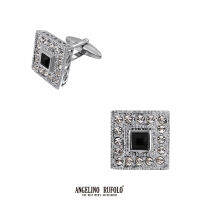 ANGELINO RUFOLO Cufflink(คัฟลิงค์) ดีไซน์ Crown กระดุมข้อมือคัฟลิ้งโรเดียมคุณภาพเยี่ยม สีเงิน ประดับตกแต่งด้วย CRYSTAL