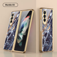 Hard Phone Cover For Samsung Galaxy Z Fold 3 5G Case Plating Glass Marble Pattern Precise Hole New Shockproof Protective Fundas