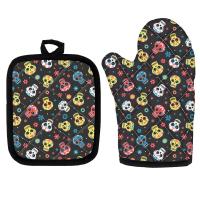 Floral Skull Print Oven Mitts Non-slip Heat Resistant Potholders Punk Style Kitchen Baking Gloves Microwave Oven Gloves Bakeware