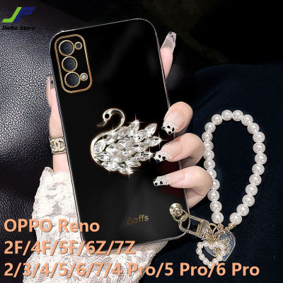 JieFie Crystal Swan เคสโทรศัพท์สำหรับ OPPO Reno 2F / 4F / 5F / 6Z / 7Z / 8Z / 8T / 2 / 3 / 4 / 5 / 6 / 7 / 8 / 9 / 4 Pro / 5 Pro / 6 Pro / 7 Pro / 8 Pro / 9 Pro หรูหราโครเมี่ยม soft TPU Square Phone Cover + สร้อยข้อมือมุก