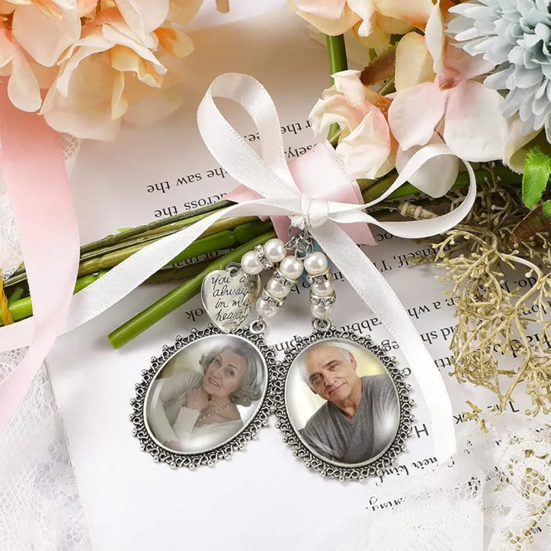 3 Pcs Wedding Bouquet Photo Charms DIY Pin Brooch Memorial Photo Charm  Picture Frame with Pendant for Wedding Memory