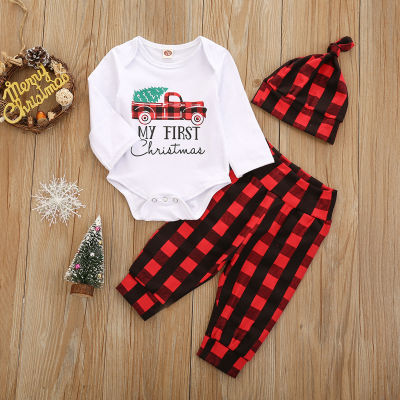 ชุดเสื้อผ้า3ชิ้นชุดหมีพิมพ์ลายการ์ตูนคริสต์มาสเด็กสาวเสื้อยืดทารกชาย + กางเกง + หมวก