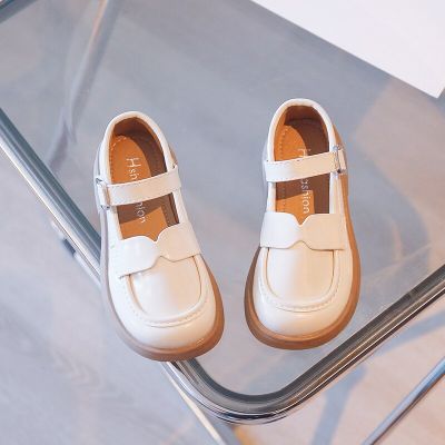 2023 Spring New British Style Loafers Round Toe Girls Hook &amp; Loop Simple Solid Beige Leather Shoes for School Children Fashion