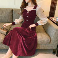 LD Women French Vintage Dress พัฟแขน Midi กระโปรง Elegant Square Collar แขนยาว Dress