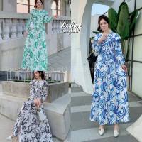 Maxi dress เดรสไปทะเล แม็กซี่เดรสยาว คอกลมปกระบายใหญ่ผ้าซาตินพิมพ์​ลาย ติดกระดุมหน้า ​แขนยาวพร้อมเชือกผูกเอว