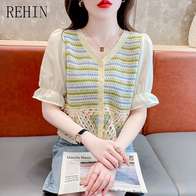 REHIN สไตล์เกาหลีแบบใหม่คอวีแขนพองสีสันสดใสของผู้หญิง Baju Rajutan 2023ฤดูร้อน