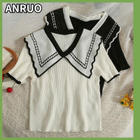 Anruo เสื้อถักแขนสั้นคอตุ๊กตาลายผู้หญิง,เสื้อสั้นรัดรูปบางกระชับสัดส่วนสีใหม่ฤดูร้อน