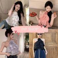 DD SHOPพร้อมส่ง 60136 เสื้อคล้องคอผ้าชีฟองพลิ้ว ใส่สบายแถวเข็มกัดดอกไม้