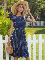 JIM &amp; NORA Women Beach Sundress Short Sleeve Polka Dot Print Vestido A-line Floral Elegant High Waist Pleat Casual Midi Dresses