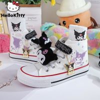 HOT★SANRIO Kuromi รองเท้าผ้าใบเด็กผู้หญิงพิมพ์ลายการ์ตูนน่ารัก, รองเท้าผ้าใบหัวมนรองเท้าส้นแบนรองเท้าผู้หญิงอเนกประสงค์ลำลองสีม่วง