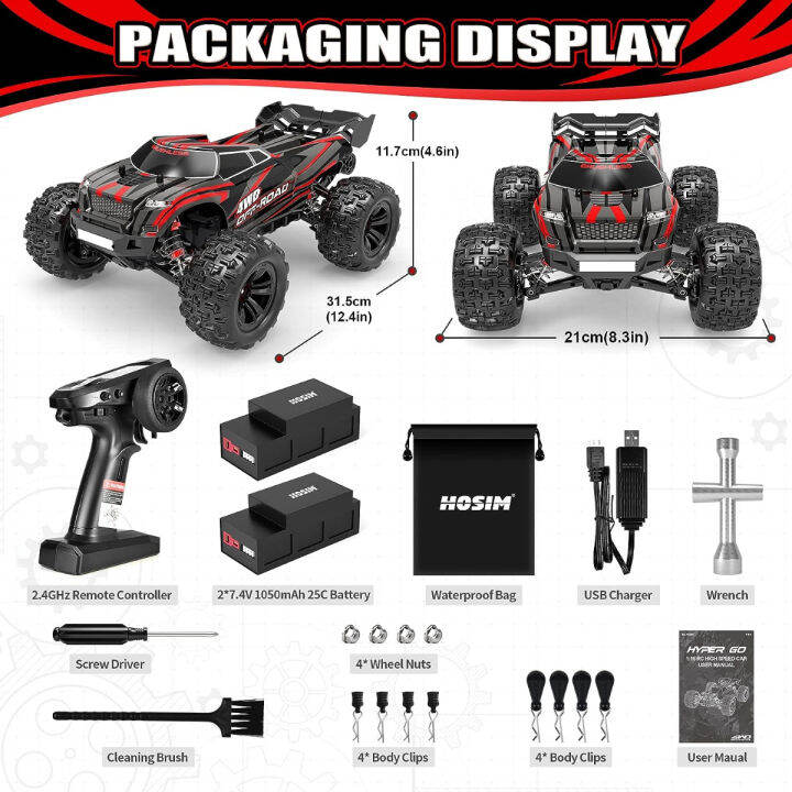 hosim-2845-brushless-60-kmh-4wd-high-speed-rc-monster-truck-1-16-scale-rc-car-all-terrain-off-road-waterproof-2-4ghz-hobby-grade-remote-control-vehicle-for-adults-children-black-red