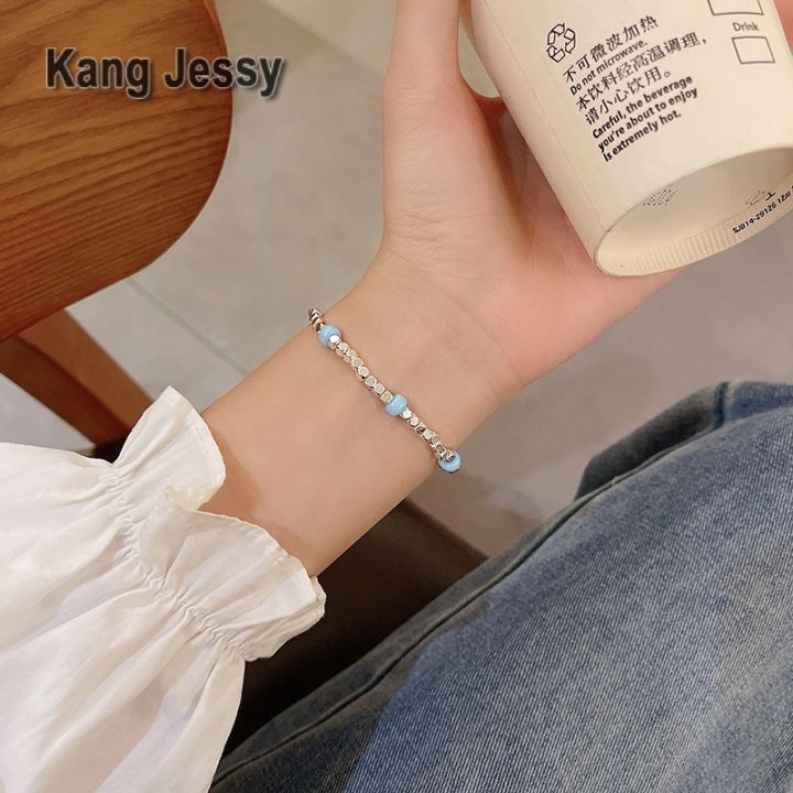 kang-jessy-สร้อยข้อมือโลหะลูกปัดสีฟ้าสดใสสไตล์เกาหลีรุ่นใหม่-สร้อยข้อมือสไตล์สาวหวาน