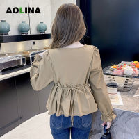 AOLINA 2022ฤดูใบไม้ร่วงใหม่ของผู้หญิงเวอร์ชั่นเกาหลีคมชัดสีเย็บพิมพ์ปลอมสองชิ้นด้านบนของผู้หญิงลูกไม้ขึ้นเสื้อแขนยาว