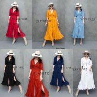 B11442 แม็กซี่เดรสแขนศอกกระดุมหน้า Button front elbow sleeve maxi dress