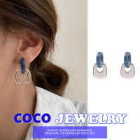 COCOJEWELRY S925เข็มเงินต่างหูโปร่งใสการออกแบบซอกเรขาคณิตต่างหูอารมณ์ที่เรียบง่ายสีฟ้าต่างหู