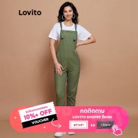 Lovito ชุดอเอี๊ยม ทรงพอดีตัว มีกระเป๋า สีพื้น L14X089 (สีเขียวขี้ม้า)