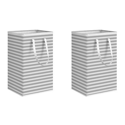 2X 75L Laundry Basket Foldable Clothes Storage Basket Stripe Toys Storage Bag with Extended Handle -Gray