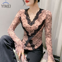 YIMEI เสื้อเชิ้ตคอวีพิมพ์ลายด้านล่างเซ็กซี่ใหม่ฤดูใบไม้ร่วงสำหรับผู้หญิงเสื้อยืดแขนยาวบาน2023เสื้อท่อนบนลายลูกไม้สวย