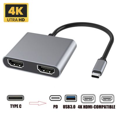 1 buah stasiun Dok tipe-c ke HDMI ganda kompatibel stasiun Dok 4in1 USB C ekspansi layar Hub USB 3.0 4K 60Hz adaptor Laptop telepon Pc