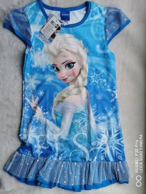 Disney : ชุดเดรส พิมพ์ลาย Frozen สีฟ้า เนื้อผ้ากึ่งมัน ระบายผ้าแก้ว  Size 4-12y