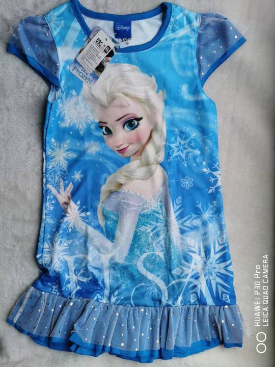 disney-ชุดเดรส-พิมพ์ลาย-frozen-สีฟ้า-เนื้อผ้ากึ่งมัน-ระบายผ้าแก้ว-size-4-12y