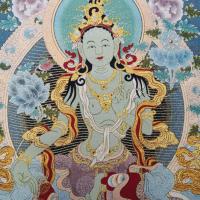 ร้อน35 "Thangka เย็บปักถักร้อยทิเบตพุทธศาสนาผ้าไหมเย็บปักถักร้อยผ้าเนปาลสีขาว Tara พระพุทธรูปรูปปั้น