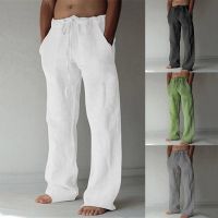 MenS  Summer Casual Pants Daily Wear Solid Full Length Soft Linen Pants Mid Waist Pocket Drawstring Trousers Streetwear Bottom