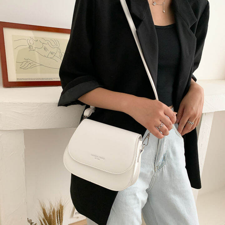 กระเป๋าสะพายไหล่สีทึบผู้หญิงเรียบง่ายกระเป๋าสะพายหนัง-pu-flap-crossbody