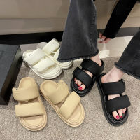 รองเท้าแตะคนขี้เกียจพื้นหนา Velcro รองเท้าแตะใส่ขนมปังสำหรับผู้หญิง 2023 ฤดูร้อนแบบใหม่ลำลองส้นแบนชายหาดกันลื่น