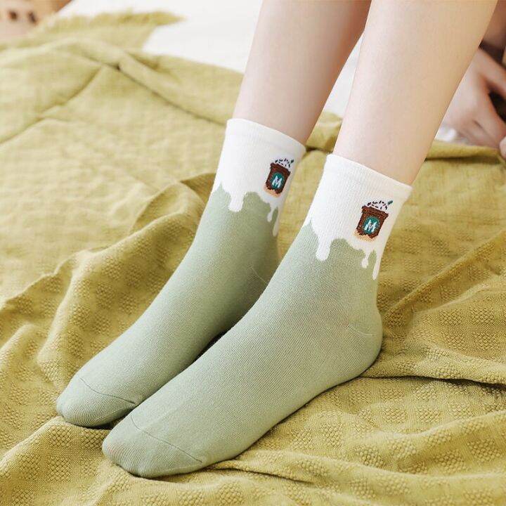 spring-autumn-women-crew-socks-candy-color-cartoon-food-pattern-pine-cone-donut-pizza-omelette-cute-female-mid-tube-casual-socks