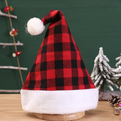 [Easybuy88] บรรยากาศเทศกาลหมวกซานต้าคริสต์มาสผู้ใหญ่ลายตารางหมากรุกขนาด30X41ซม. กริดสีแดงผ้าฝ้ายตกแต่งไม่ทอ