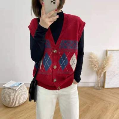 Argyle V-neck Knitted Vest For Women Autumn Winter Loose Outwear Vintage Cardigan Sleeveless Top Sweater Women Sleeveless