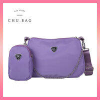 chu.bag กระเป๋าถือ กระเป๋าสะพายข้าง มีสายโซ่เงิน กระเป๋าใบเล็ก ผ้าไนล่อน สีม่วง